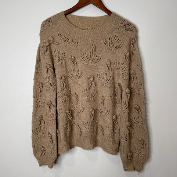 Alan Blizerian Tan 100% Cashmere Open Textured‎ Seashell Neck Sweater - Picture 1 of 16